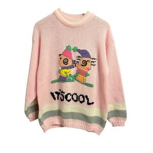 Jamie Scott Vintage Pink Cartoon Knit Sweater Crewneck It's Cool Women’s Large